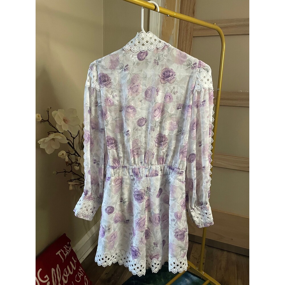Muy Muy Lace Embroidered Romper Sheer White Purple High Neck Sz Small - Picture 5 of 9